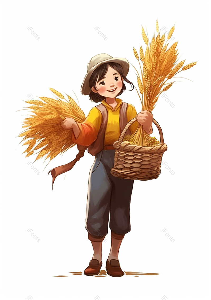 小女孩收割收获麦子麦穗秋季丰收白色背景黄色上衣金色插画,插画/手绘图,插画/手绘图库,插画/手绘图下载,插画/手绘